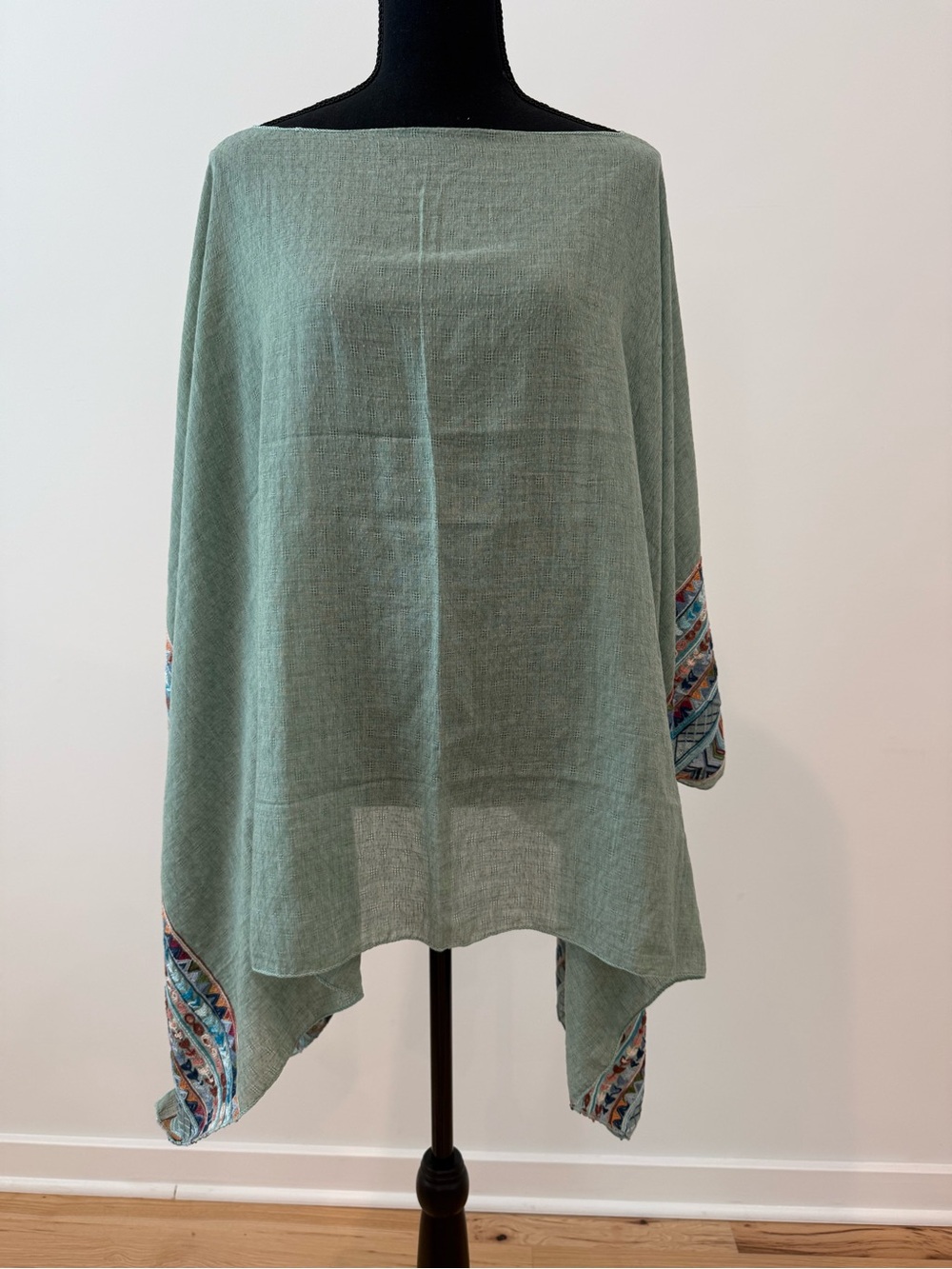 Light Sage Green Boho Poncho with Embroidered Trim